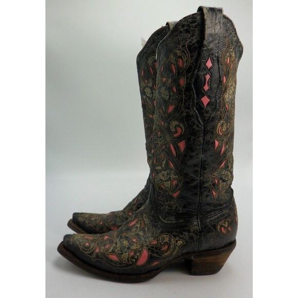Corral Women's 6 M Laser Inlay Black Hot Pink Leather Cowboy Boot Snip Toe $270 - Picture 1 of 12